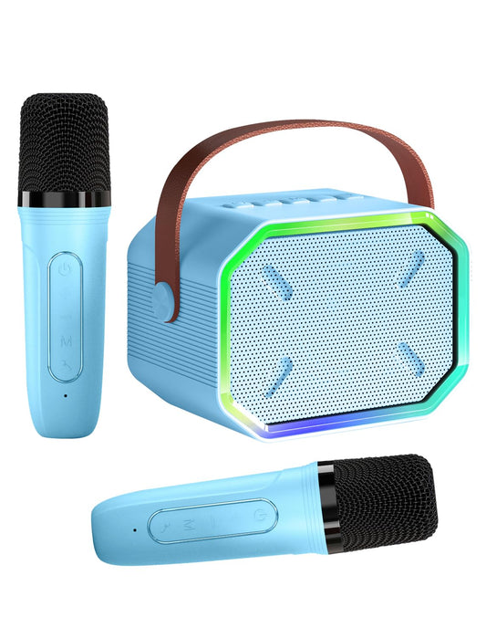 Caiord karaoke mini speaker with two wireless mics, ideal for family sing-alongs.