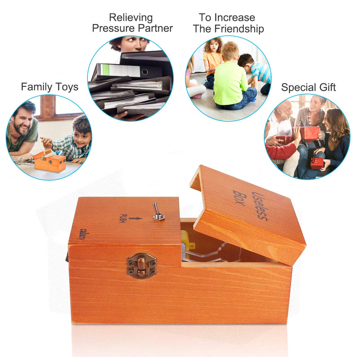 Calary Useless Box brown open state displaying finger pop-up moment