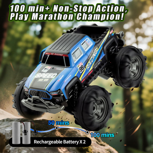 Calefwe Amphibious RC car side view highlighting traction tires for versatile surfaces