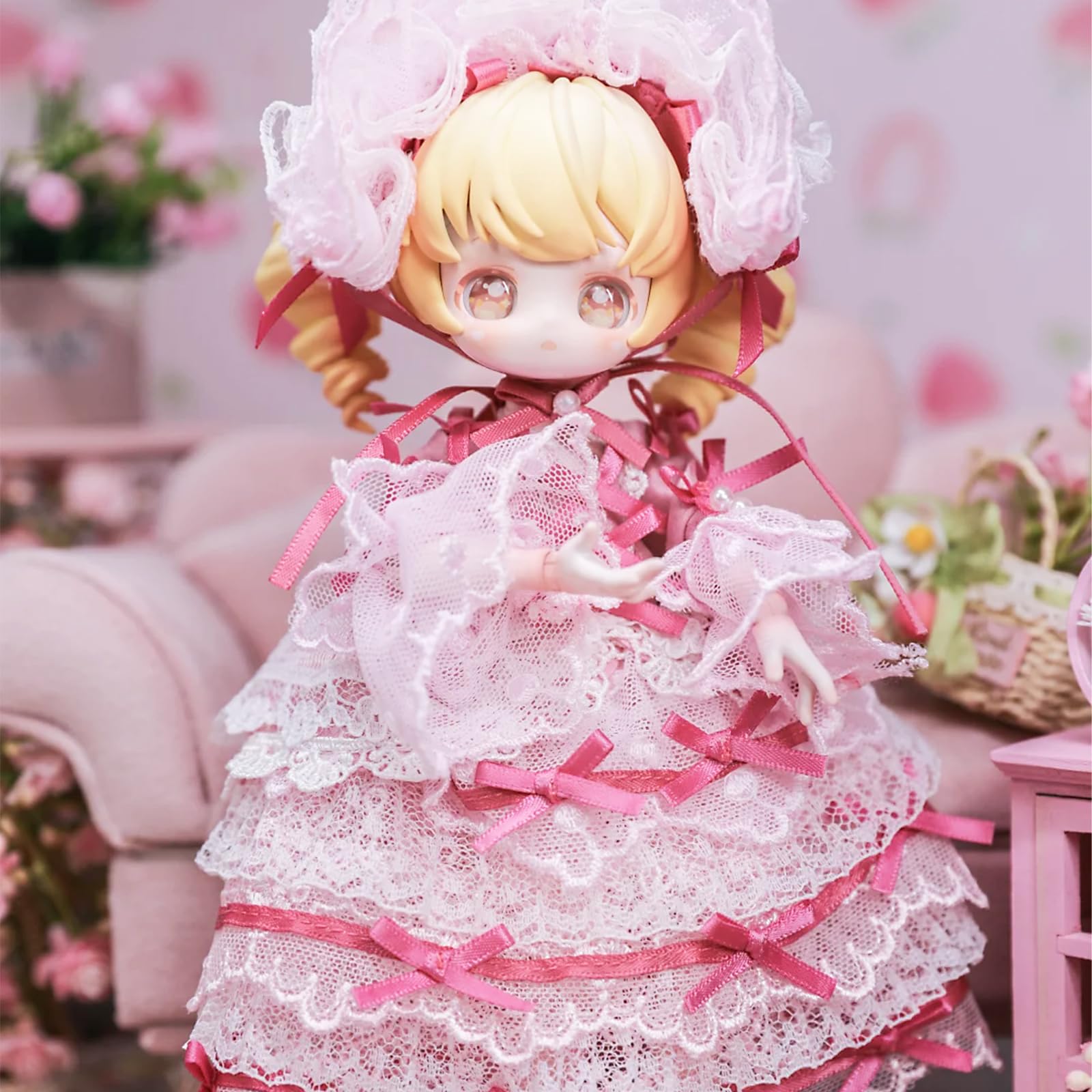Collectible CALEMBOU BJD displayed on a stand for elegant shelf presentation.