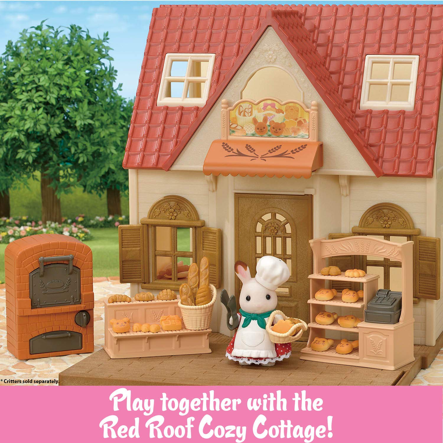Calico Critters Bakery Shop Starter Set open play concept with cottage and van