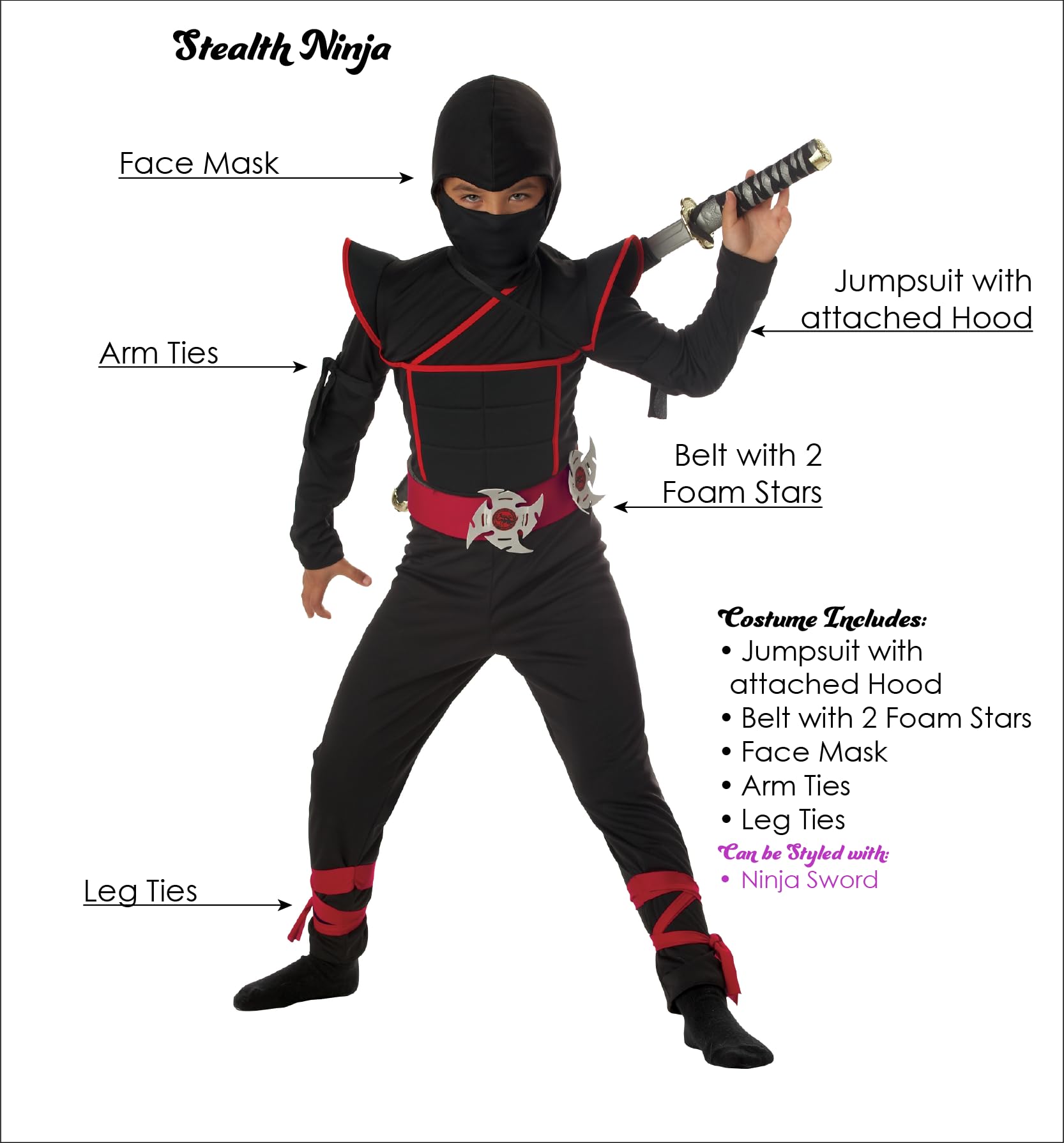 California Costumes stealth ninja child-wear front view shows a distinctive silhouette