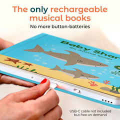 Close-up of pages with vibrant art and interactive sound button for sensory play.