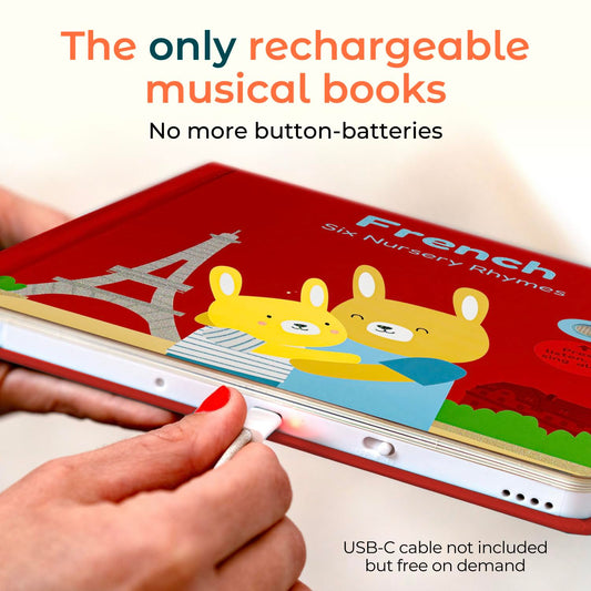 Cali's Books French Nursery Rhymes buttons engage kids with interactive learning and music.