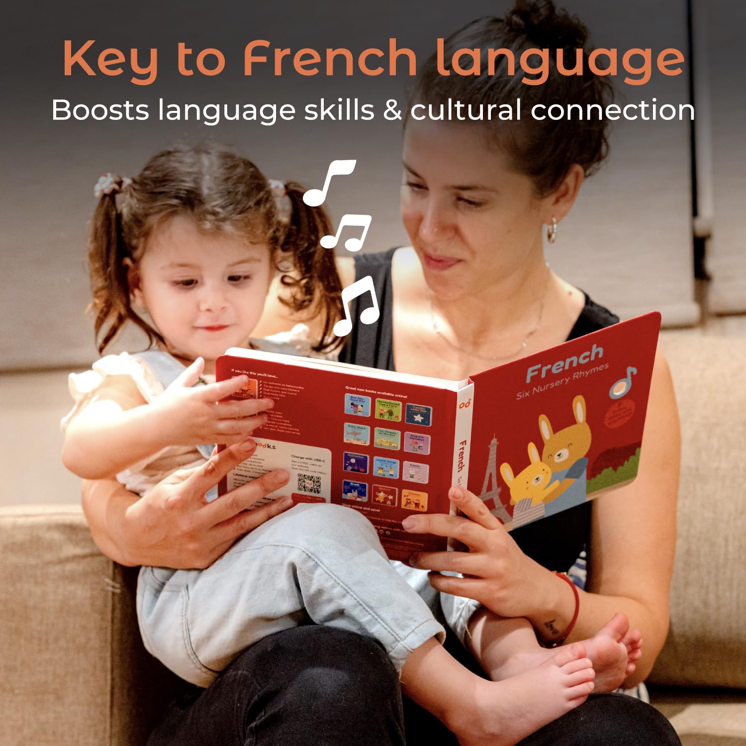 Cali's Books French Nursery Rhymes open pages reveal vivid illustrations for language-rich play.
