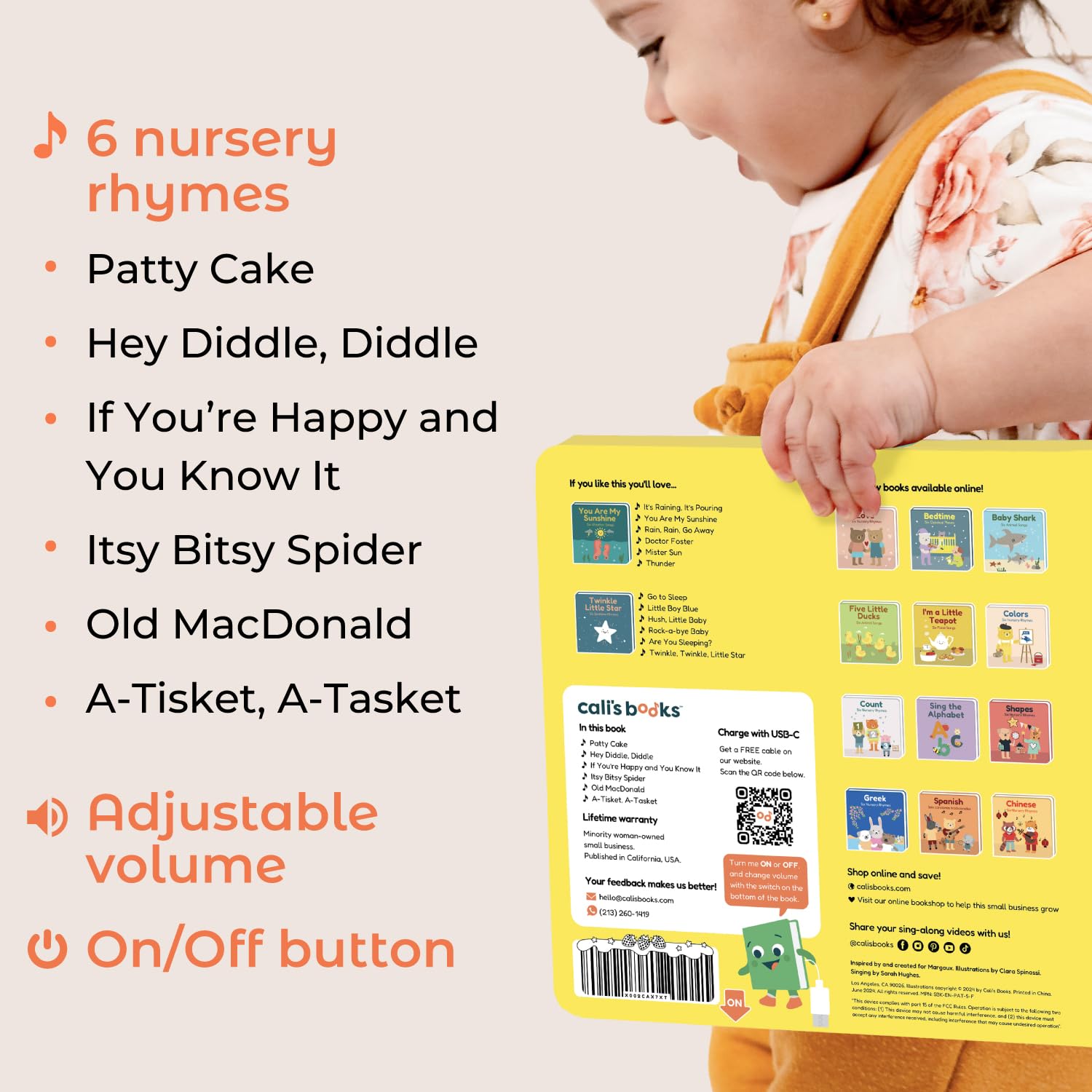Patty Cake invites musical play with familiar rhymes and interactive buttons.