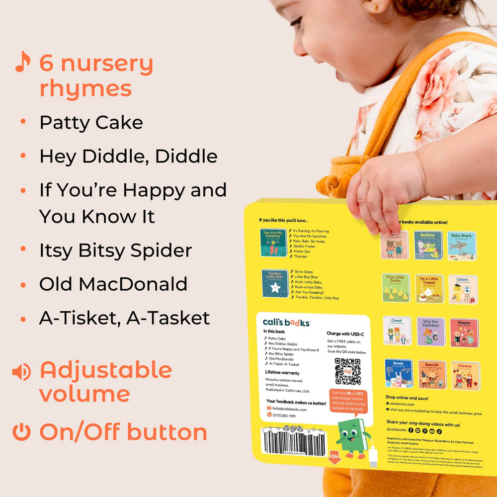Patty Cake invites musical play with familiar rhymes and interactive buttons.