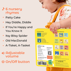 Patty Cake invites musical play with familiar rhymes and interactive buttons.