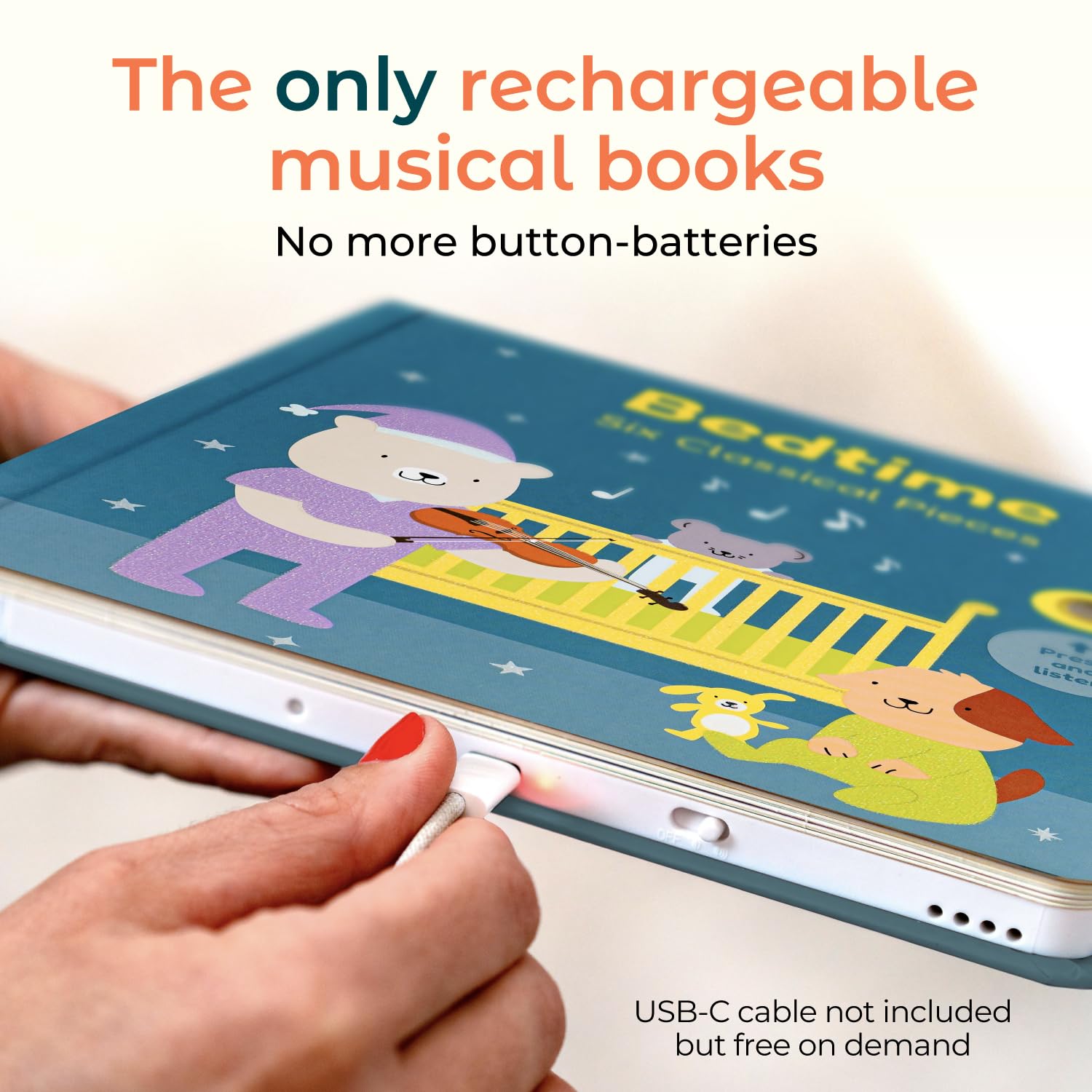 Cali's Books USB-C rechargeable feature shown for sustainable power during play.