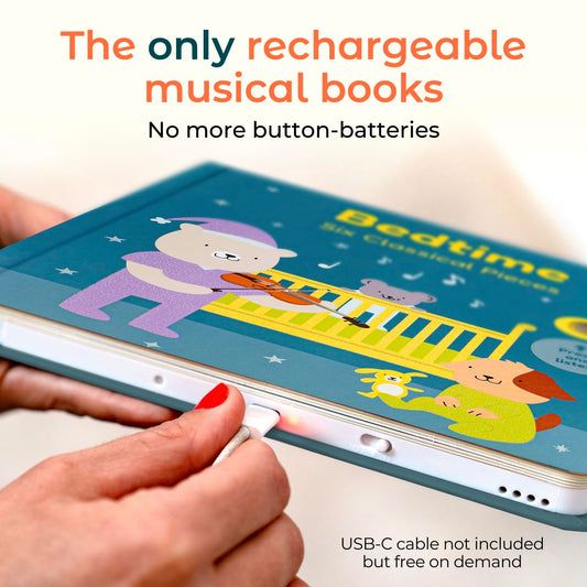 Cali's Books USB-C rechargeable feature shown for sustainable power during play.