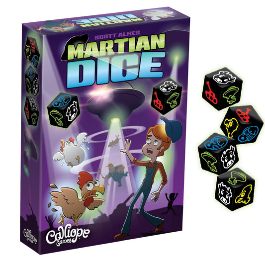 Calliope Martian Dice box with dice, ideal for family game night