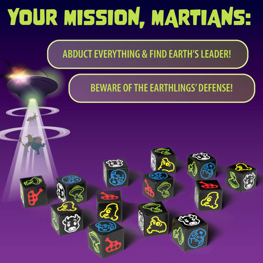 Calliope Martian Dice close-up of dice faces with alien icons