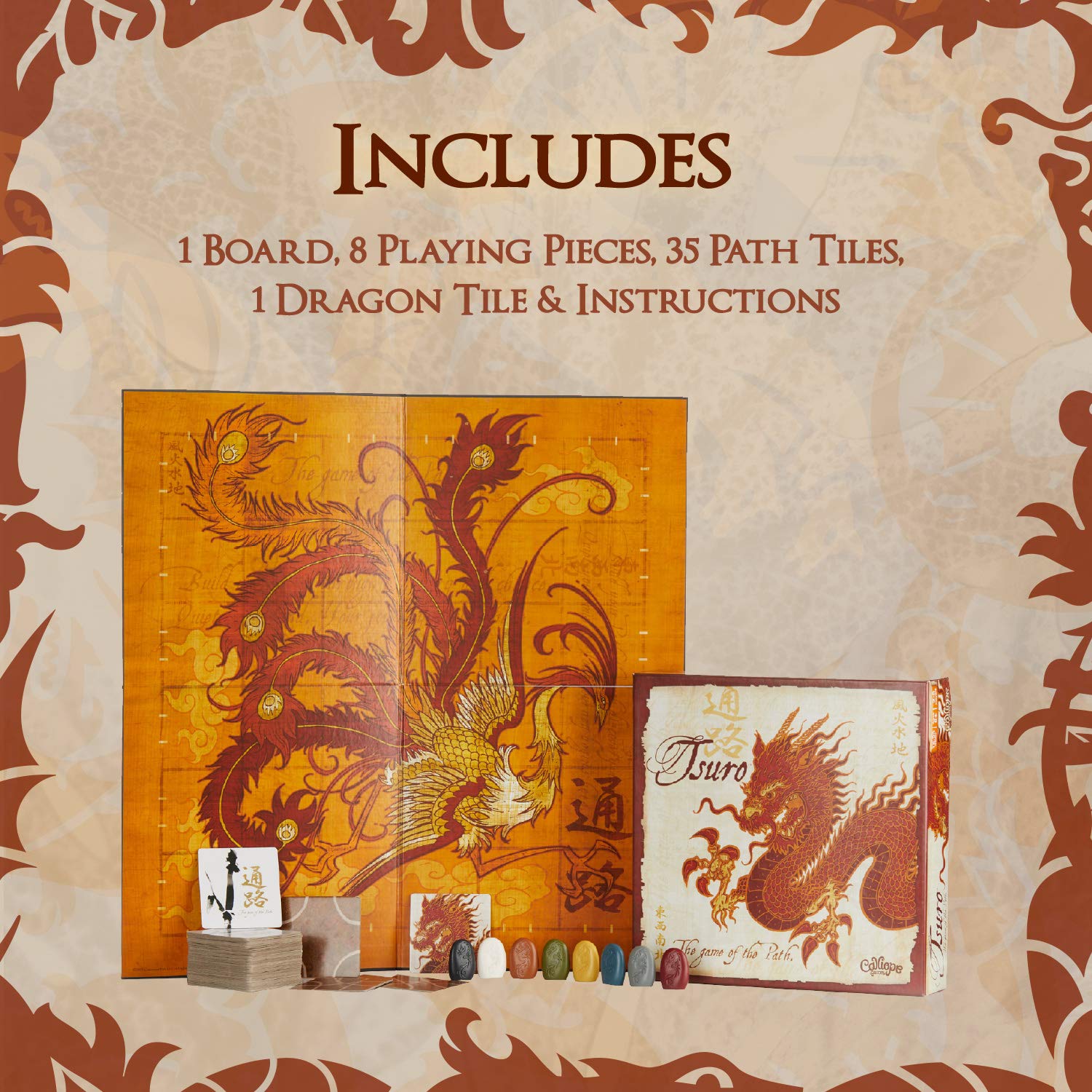 Calliope Tsuro box and components, showcasing an attractive, compact setup.