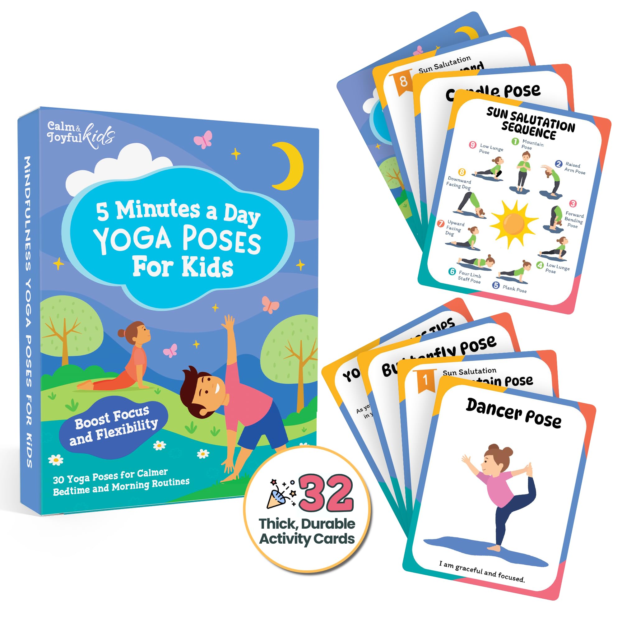 Calm and Joyful Kids Yoga Cards beginner poses for focus and movement practice.