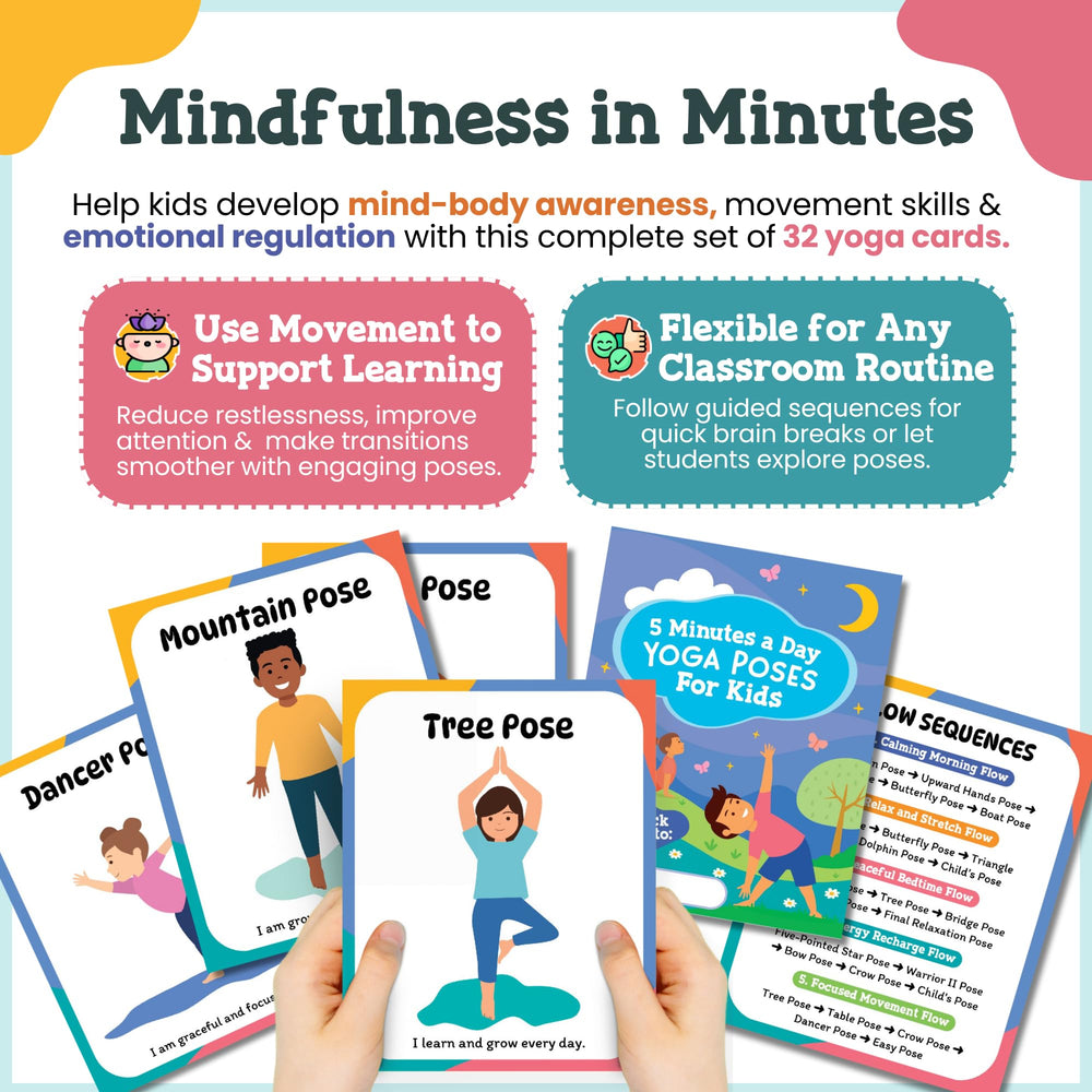Calm and Joyful Kids Yoga Cards guided instructions for easy pose practice.
