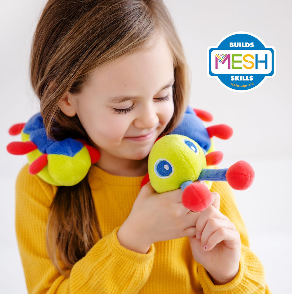 Child wears Calmee draped on shoulders for soothing sensory support.