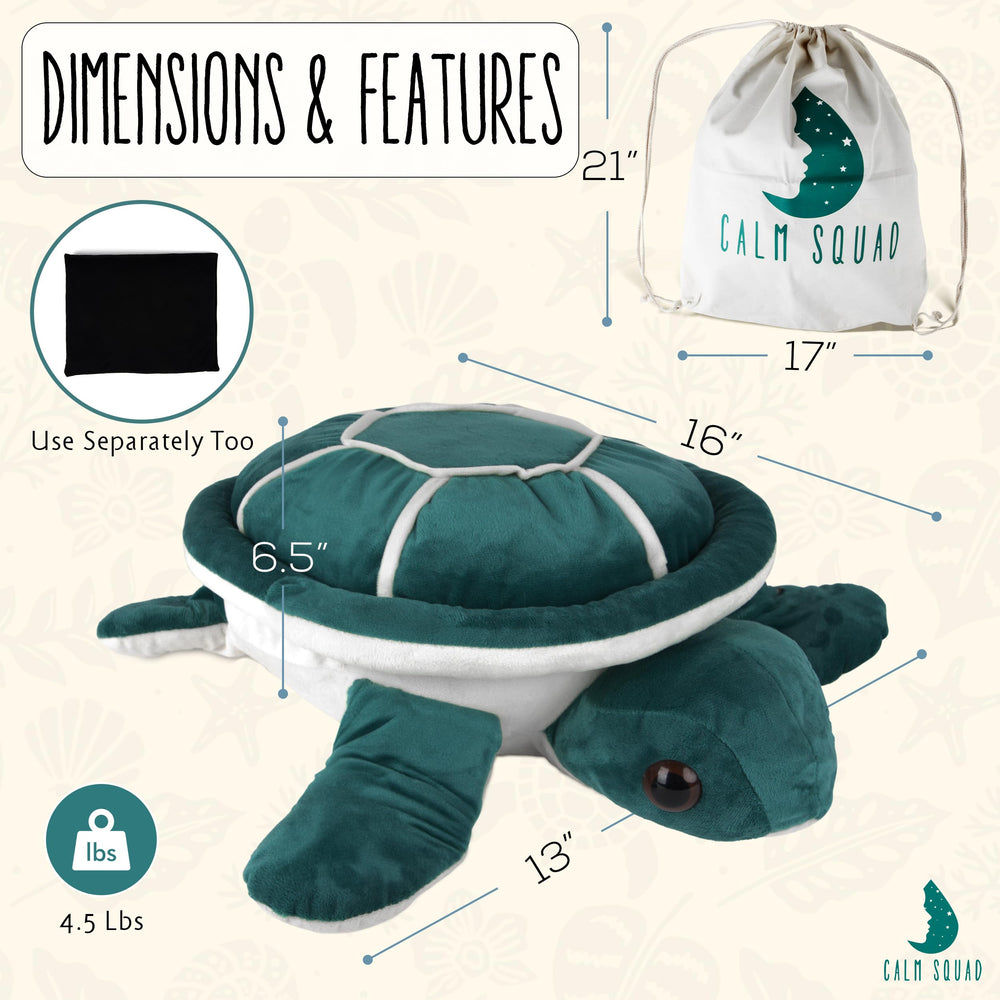 Lou the Turtle with removable pellet bag for adjustable weight and personalized comfort.