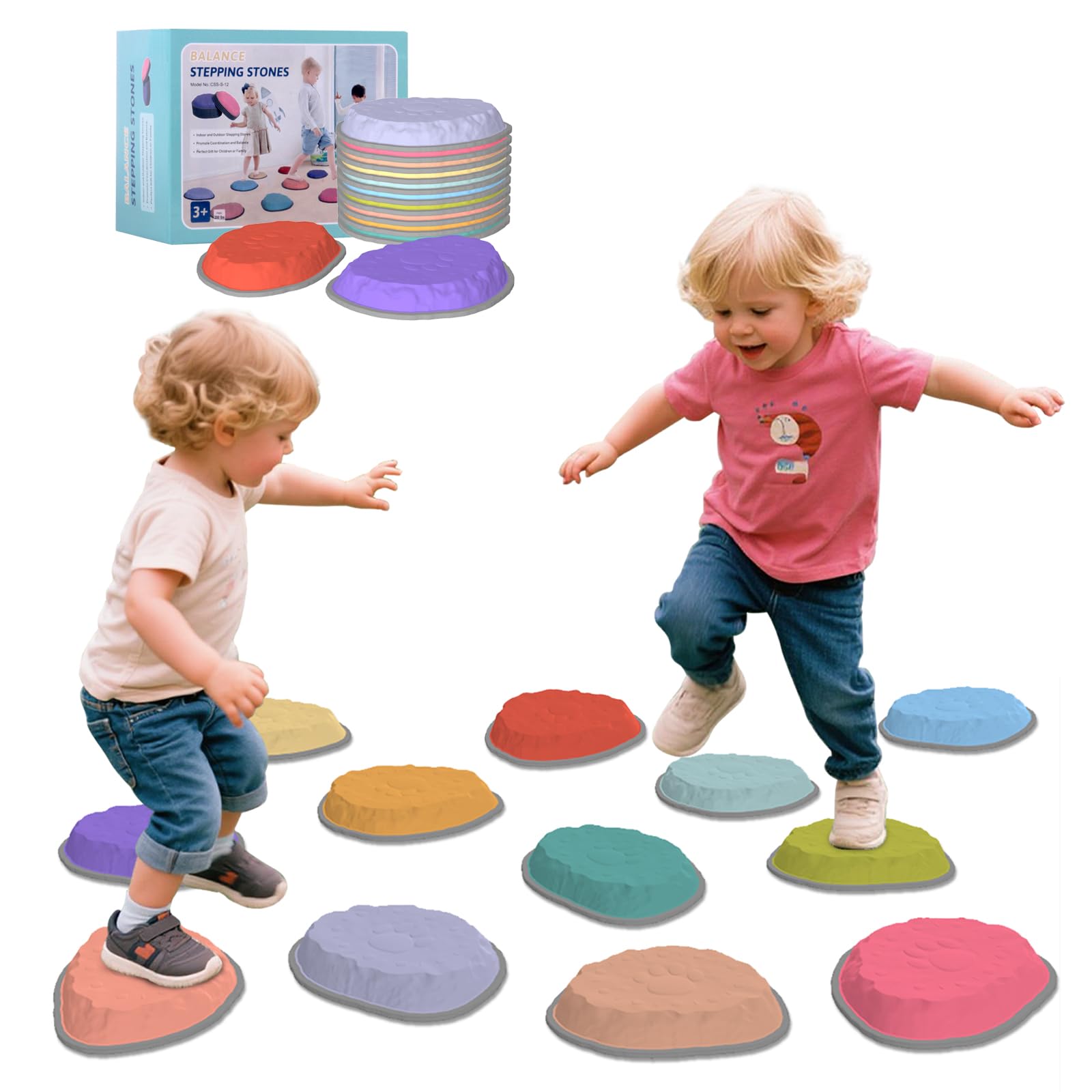 Camelus Stepping Stones 12-pack—colorful layout for balance and imaginative play.