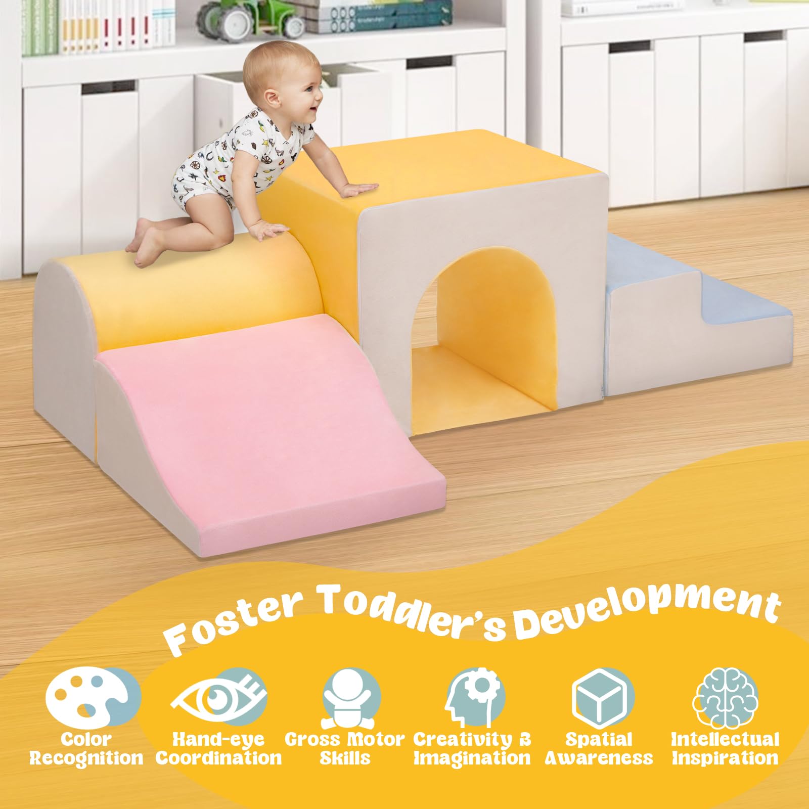 Camelus toddler climbing blocks side view emphasizing durable fabric and cushioned support