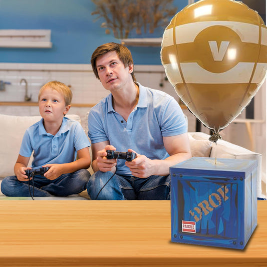CAMP LINER Loot Drop Box with yellow balloon, festive centerpiece.