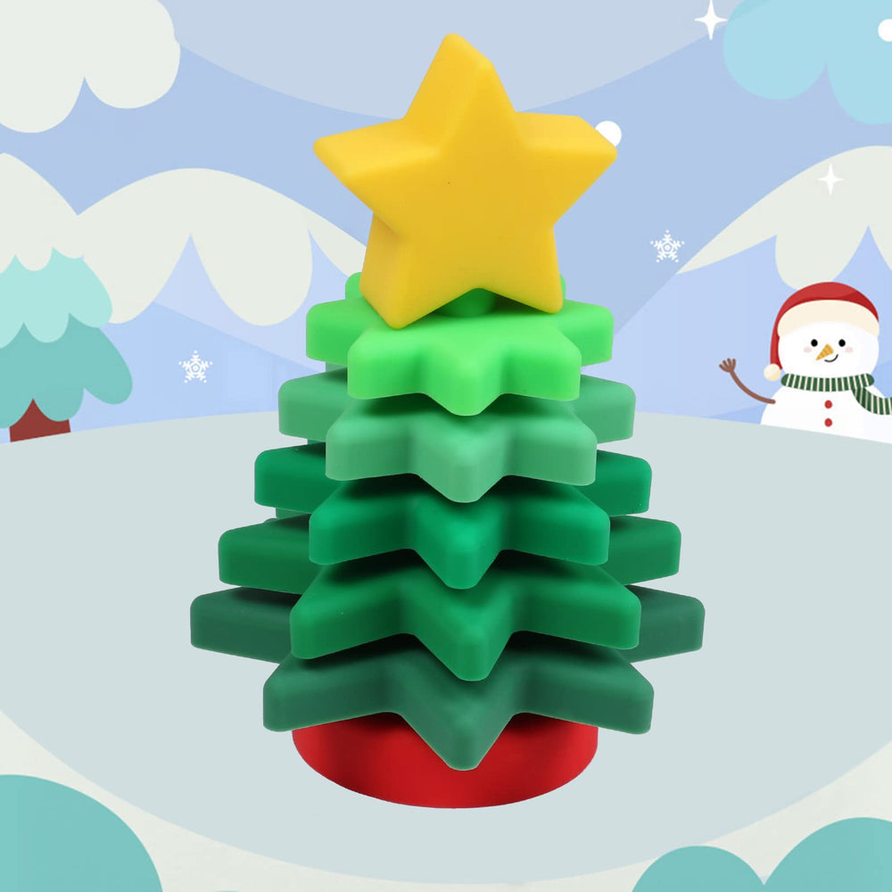 Candywood Baby Silicone Christmas Tree in hand showing stackable design and color learning