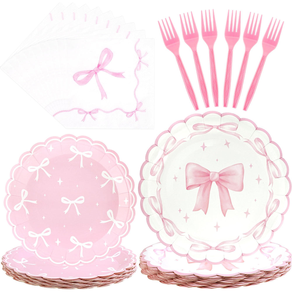CANREVEL Bow 7-inch dessert plates ready to serve treats at a birthday party.