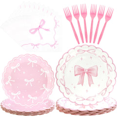 CANREVEL Bow 7-inch dessert plates ready to serve treats at a birthday party.
