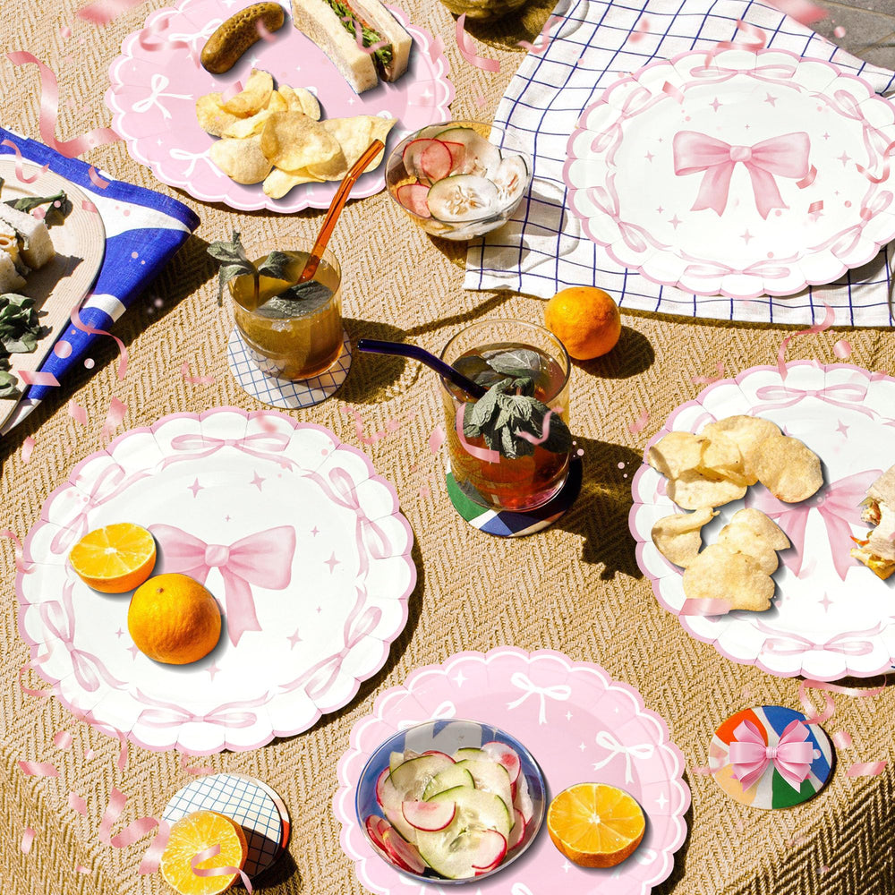 CANREVEL Bow party table setup showcases bright colors and coordinated dinnerware.