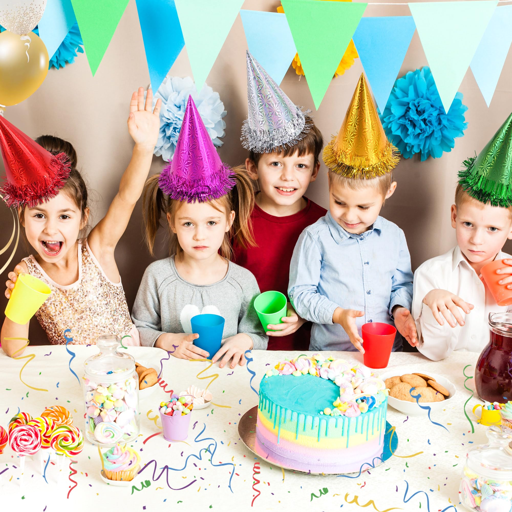 CANREVEL holographic cone hats displayed as shimmering party decor.