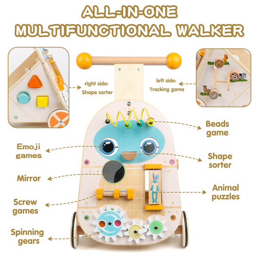 Canuan wooden baby walker side view showing sturdy frame for cruising