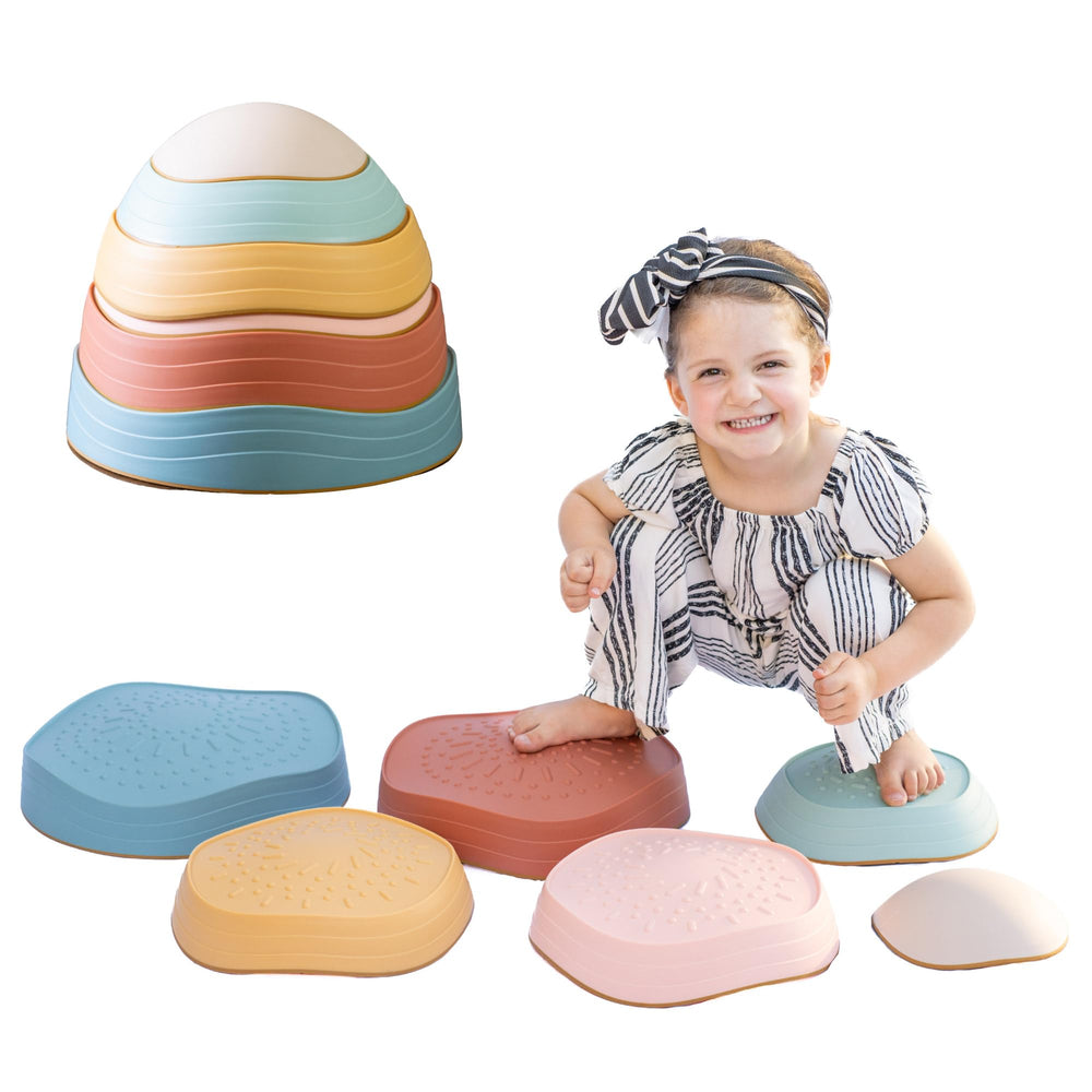 Capri & Camden Co. Balance Stones colorfully arranged to boost toddler balance and coordination.