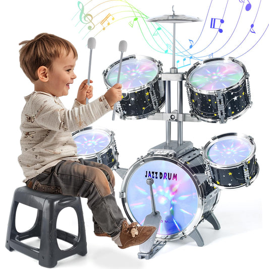 Captain Chaowing kids drum set bass drum with pedals and lights enhances interactive rhythm play