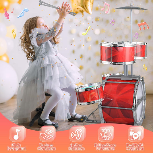 CAPTAIN CHAOWING red drum set with stool ready for home play sessions.