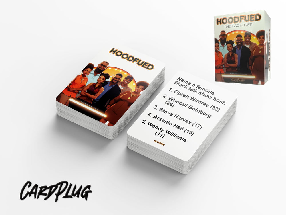 HoodFued family night setup on coffee table