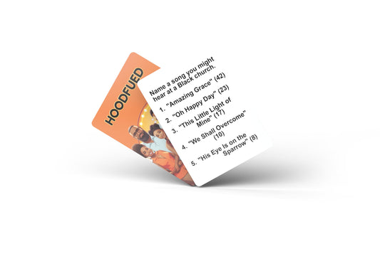 Card Plug HoodFued2 trivia cards displayed, engaging questions celebrate culture during gatherings.