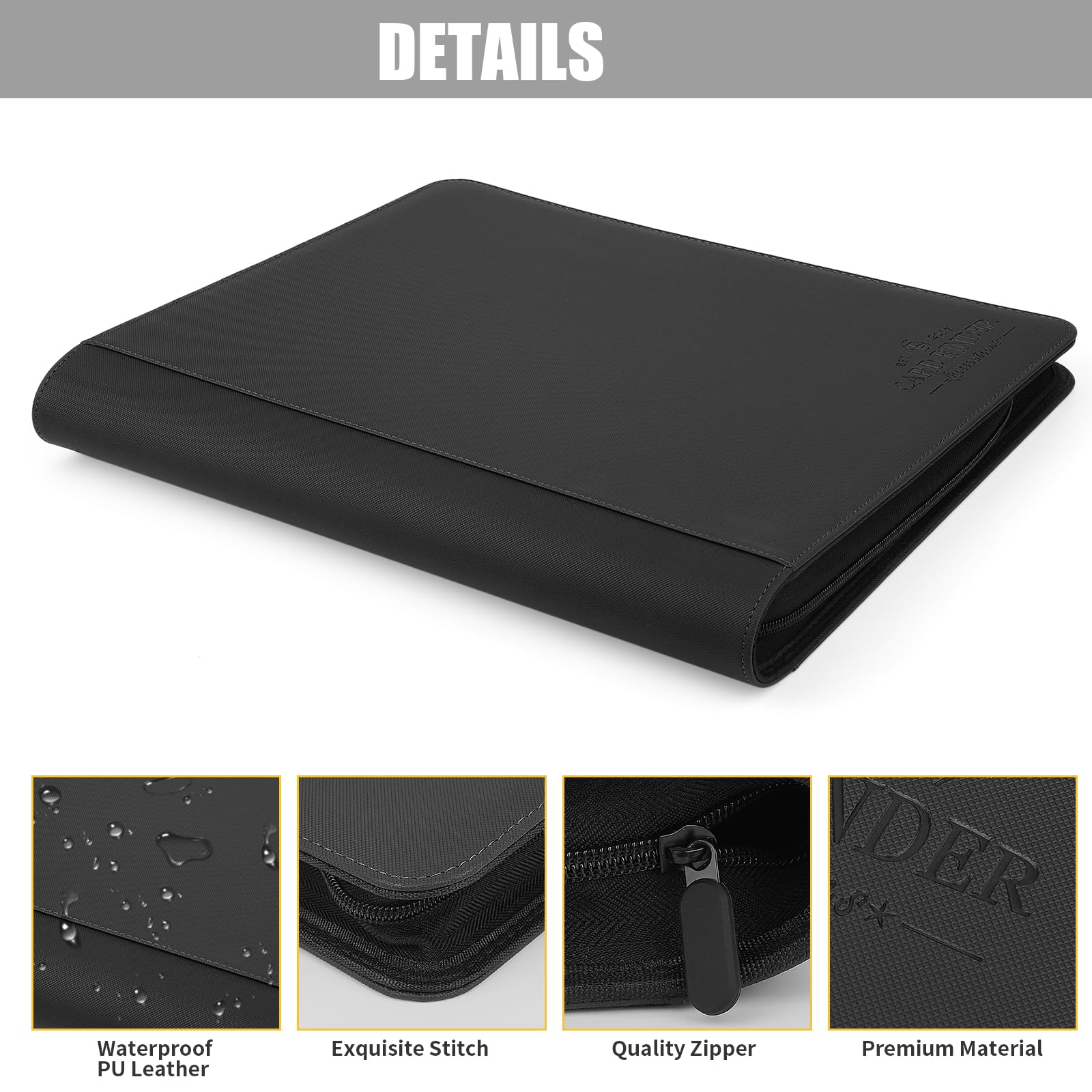 CARDBINDER Toploader Binder side view highlights compact professional design in black.