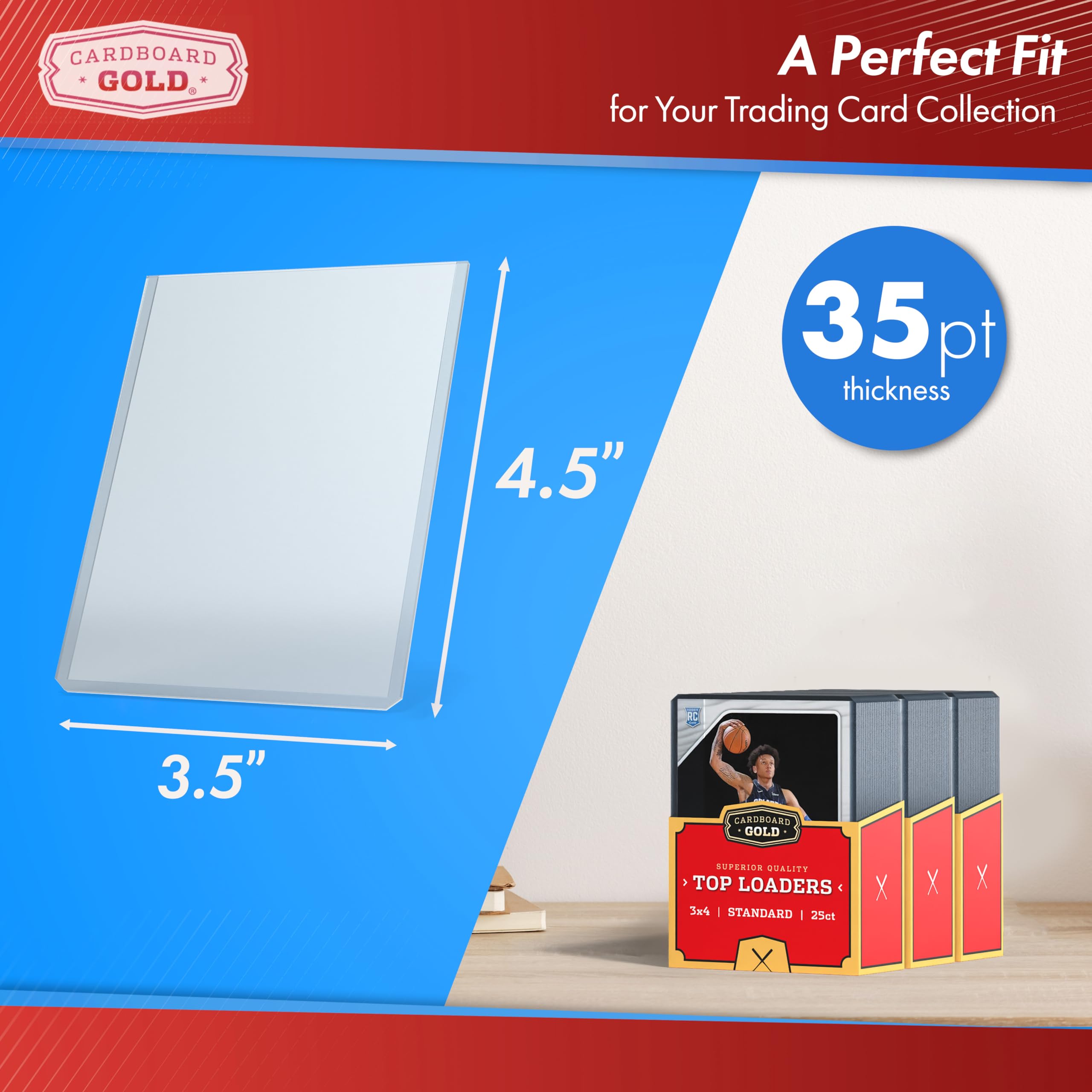 Cardboard Gold toploader display highlights vivid card designs.