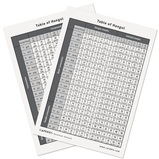 CARDDIA Hangul flashcards back view with pronunciation and stroke order guidance
