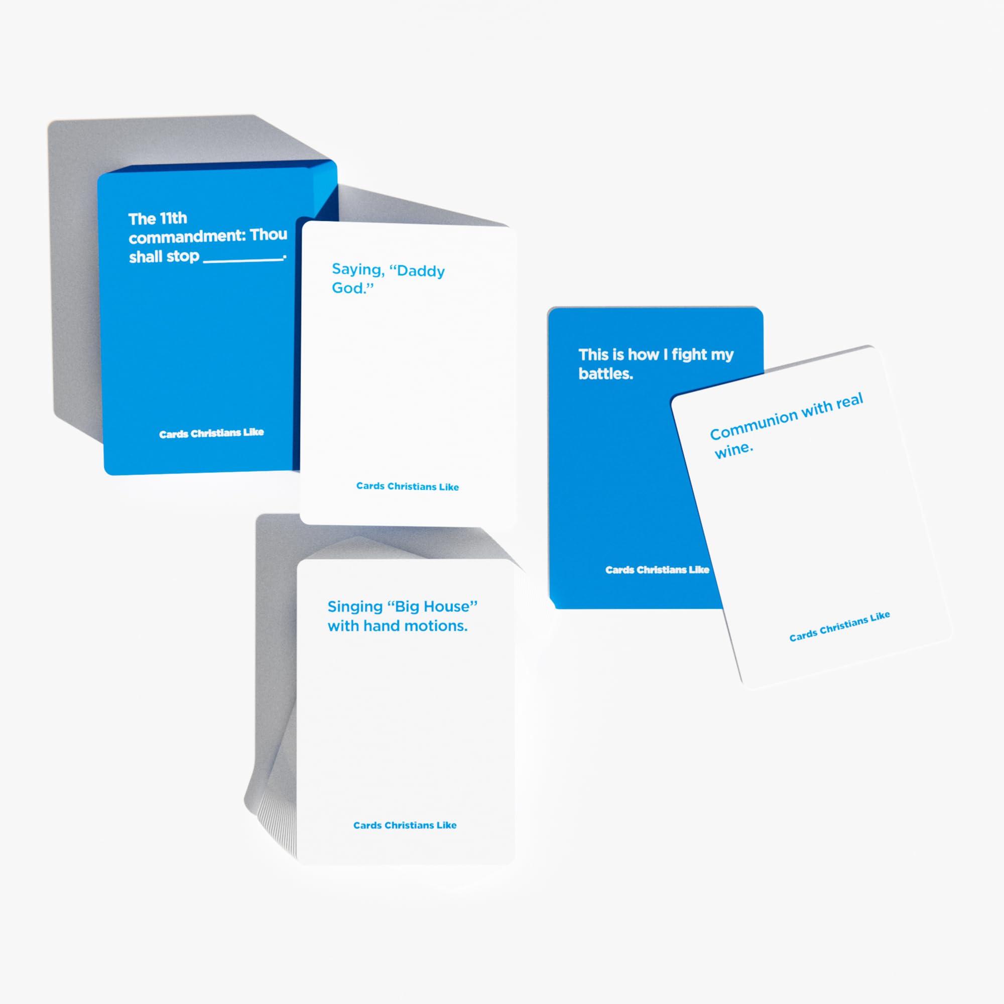 Christians Like Cards blue cards stack adds variety for edgy prompts.