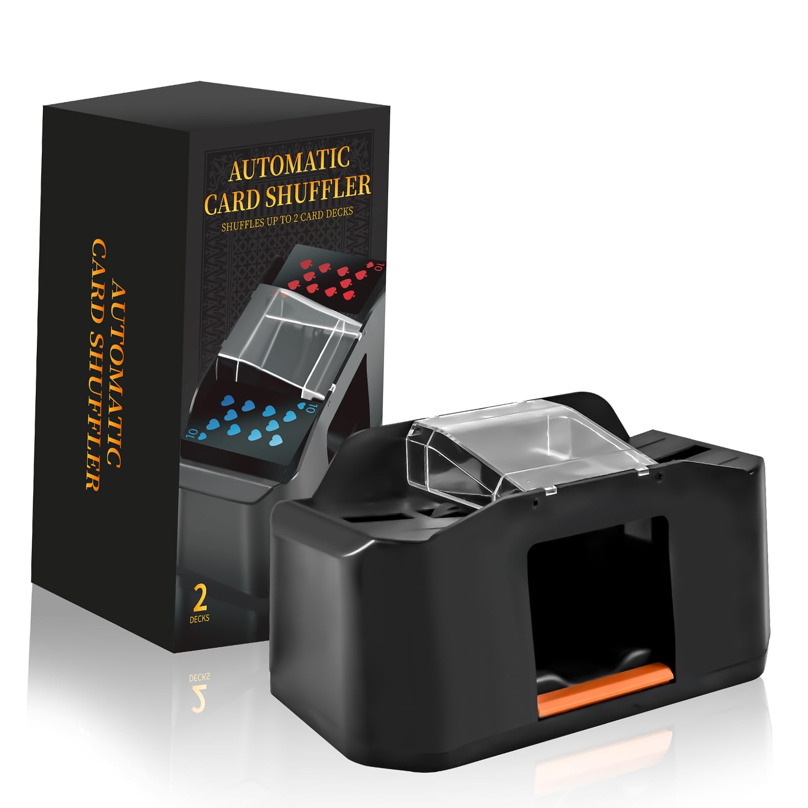 CARDSPIN automatic shuffler for two decks delivers quick, reliable shuffles.