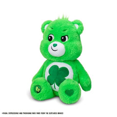 Care Bears Good Luck Bear green plush highlights a four-leaf clover belly badge for luck.
