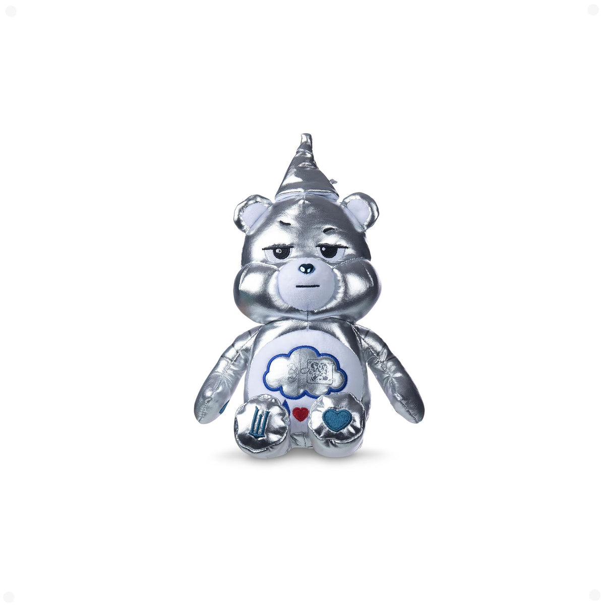 Care Bears Grumpy Bear Wicked Tin Man plush, front view, ideal for display and gifting.