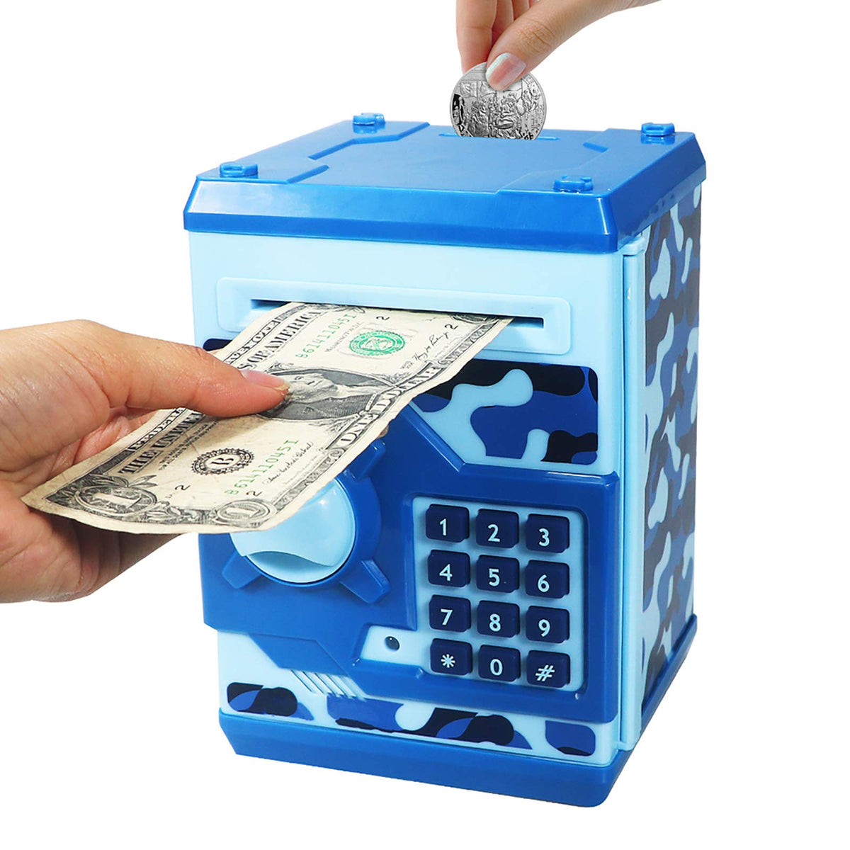 Cargooy mini ATM piggy bank camouflage blue front view showing compact design