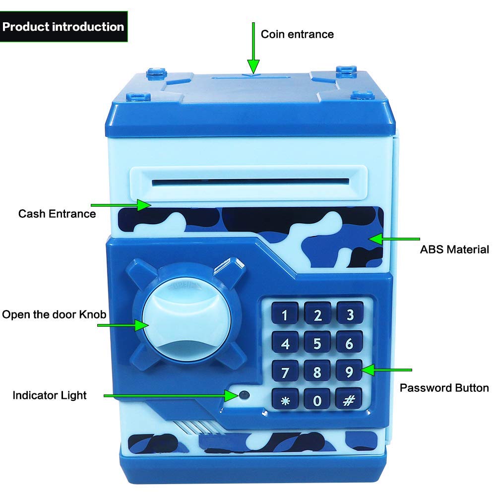 Cargooy piggy bank camouflage blue password lock closeup for secure savings
