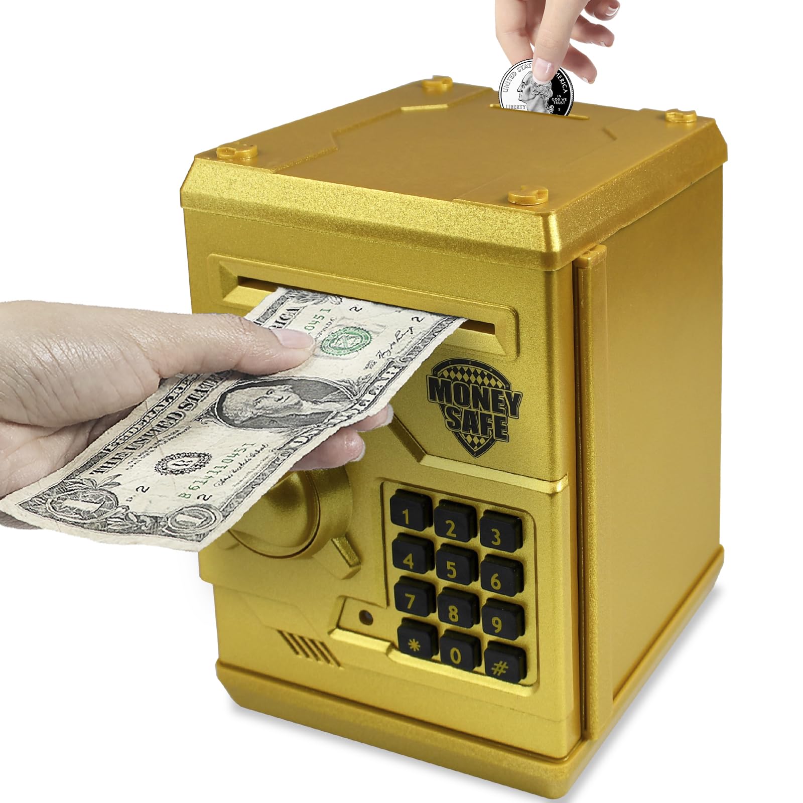 Cargooy mini ATM piggy bank front view, stylish design that invites saving.