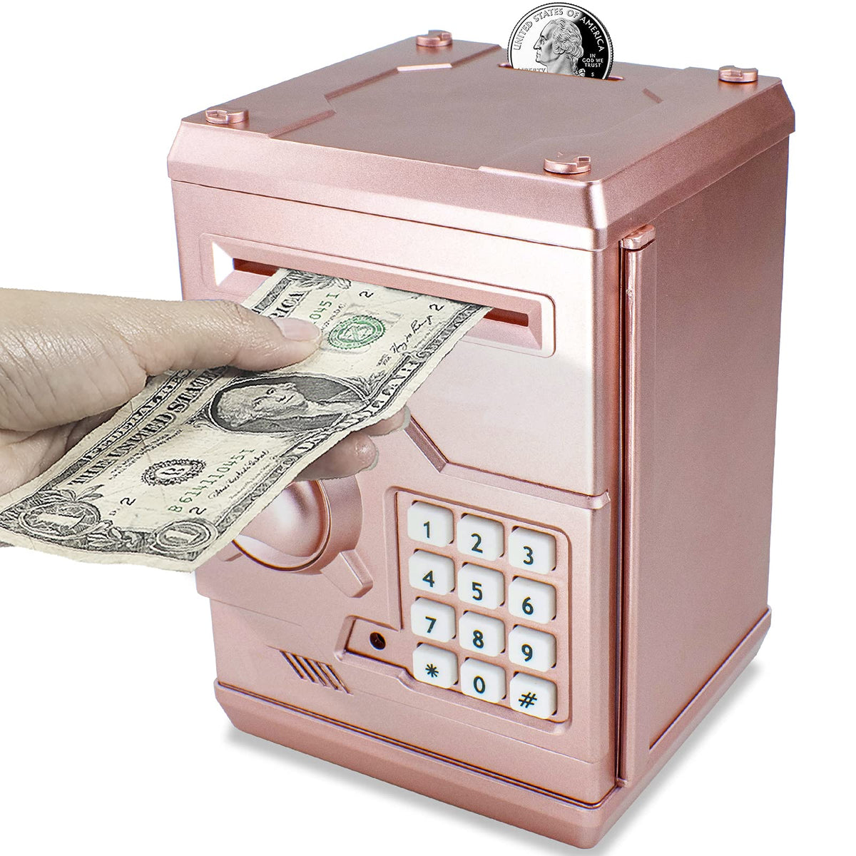 Cargooy Mini ATM Piggy Bank rose gold front view promotes organized savings