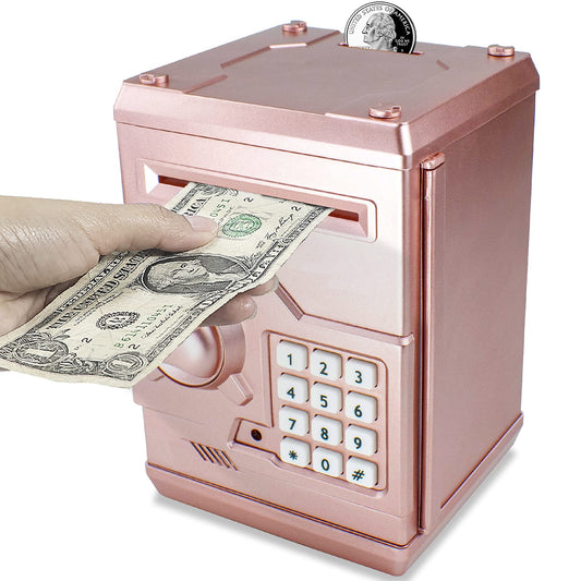 Cargooy Mini ATM Piggy Bank rose gold front view promotes organized savings