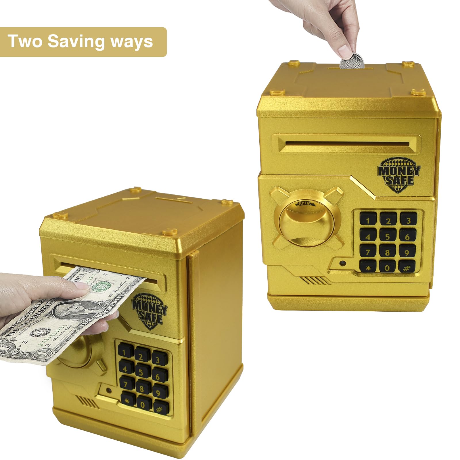 Cargooy mini ATM piggy bank side view, compact and kid-friendly.