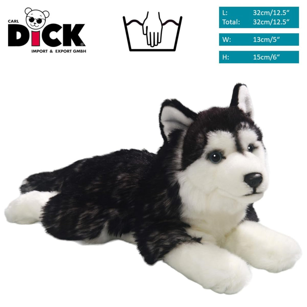 Carl Dick Husky plush lying pose showing tail for cuddling and decorative display.