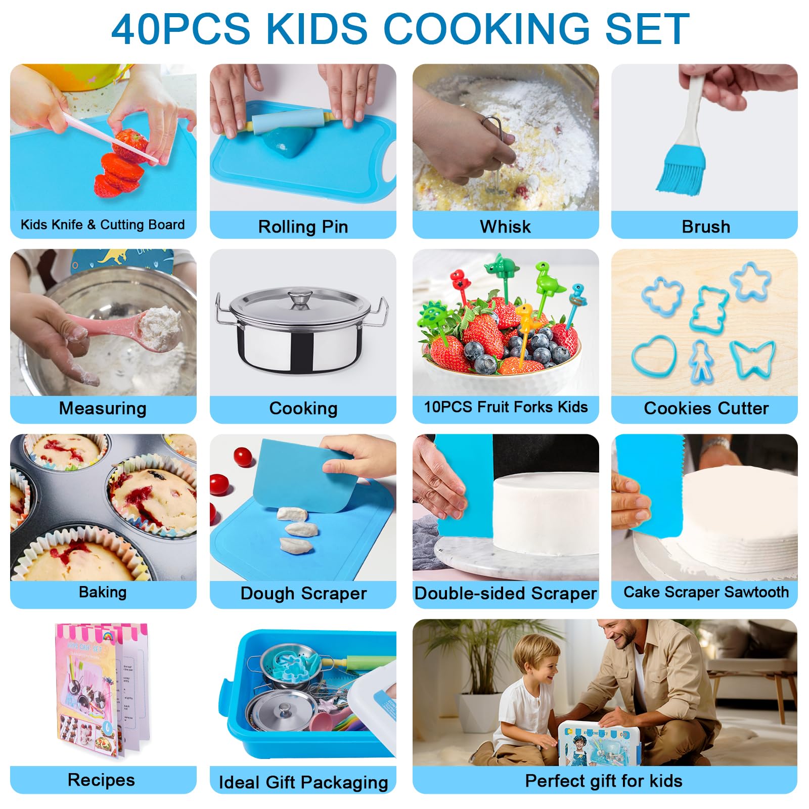 Carolart kids apron and chef hat enhancing pretend kitchen role-play.